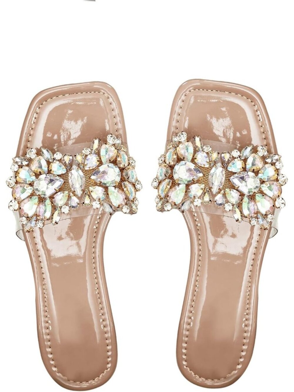 Women's Dusty Pink Rhinestone Sandals Square Toe Slides Sparkle Transparent Flat
